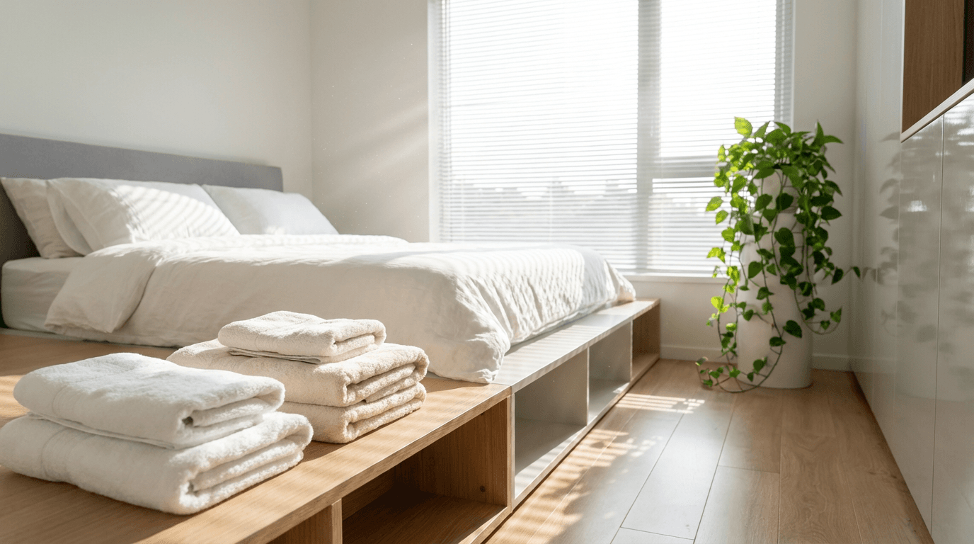 Professional cleaner wiping down nightstand in Airbnb bedroom