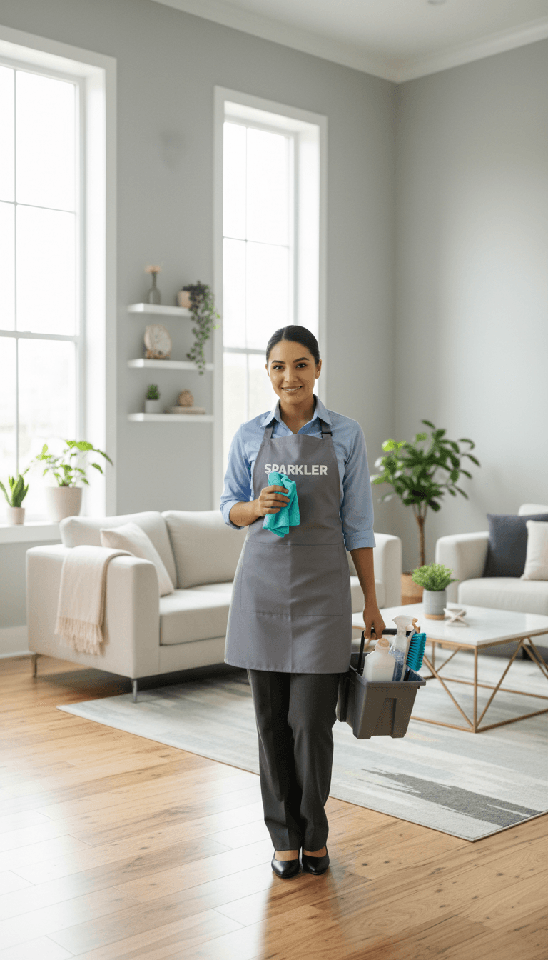 Professional cleaner in a bright, fresh residential bedroom