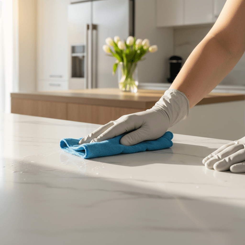 Cleaning professional polishing a countertop with precision