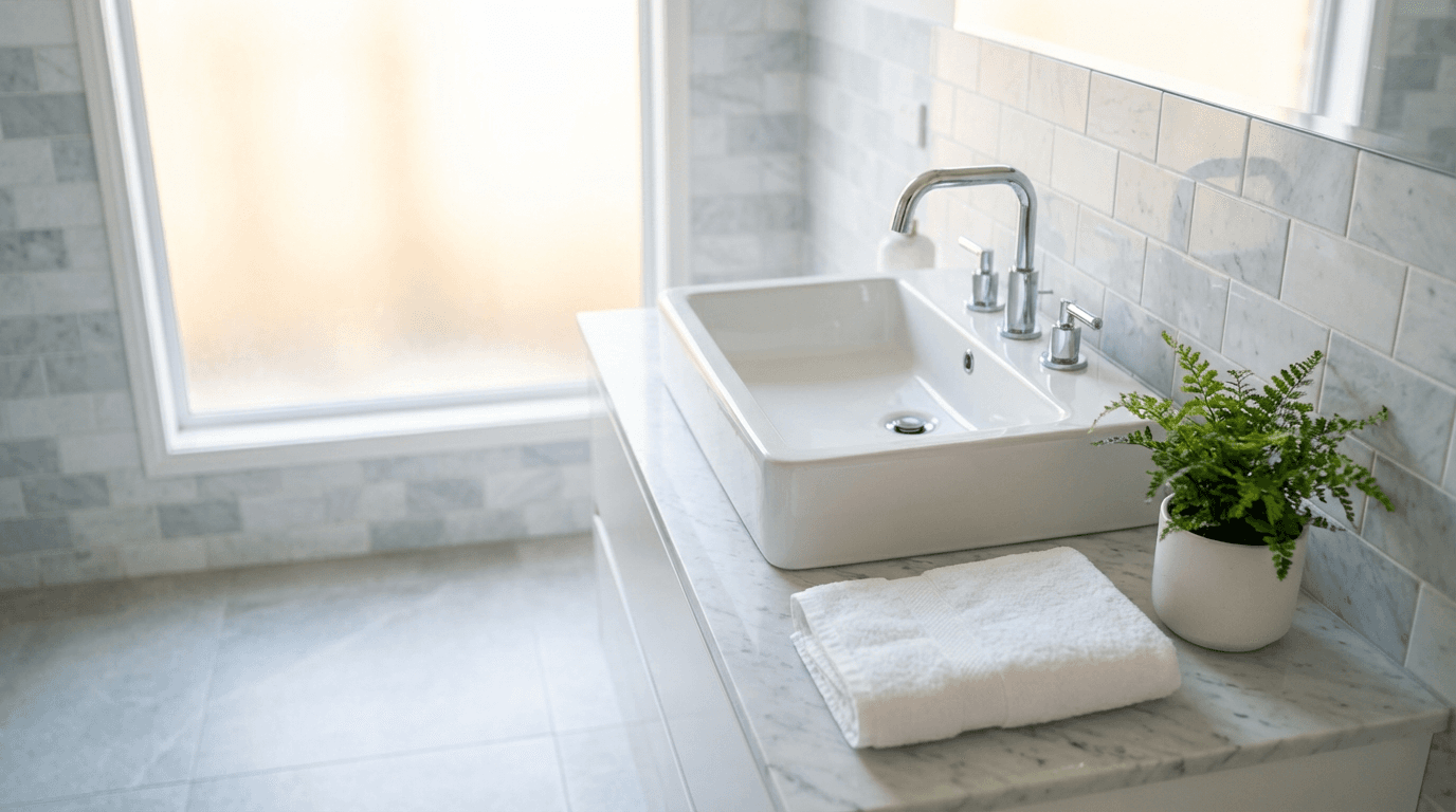 Cleaner using squeegee on spotless bathroom mirror