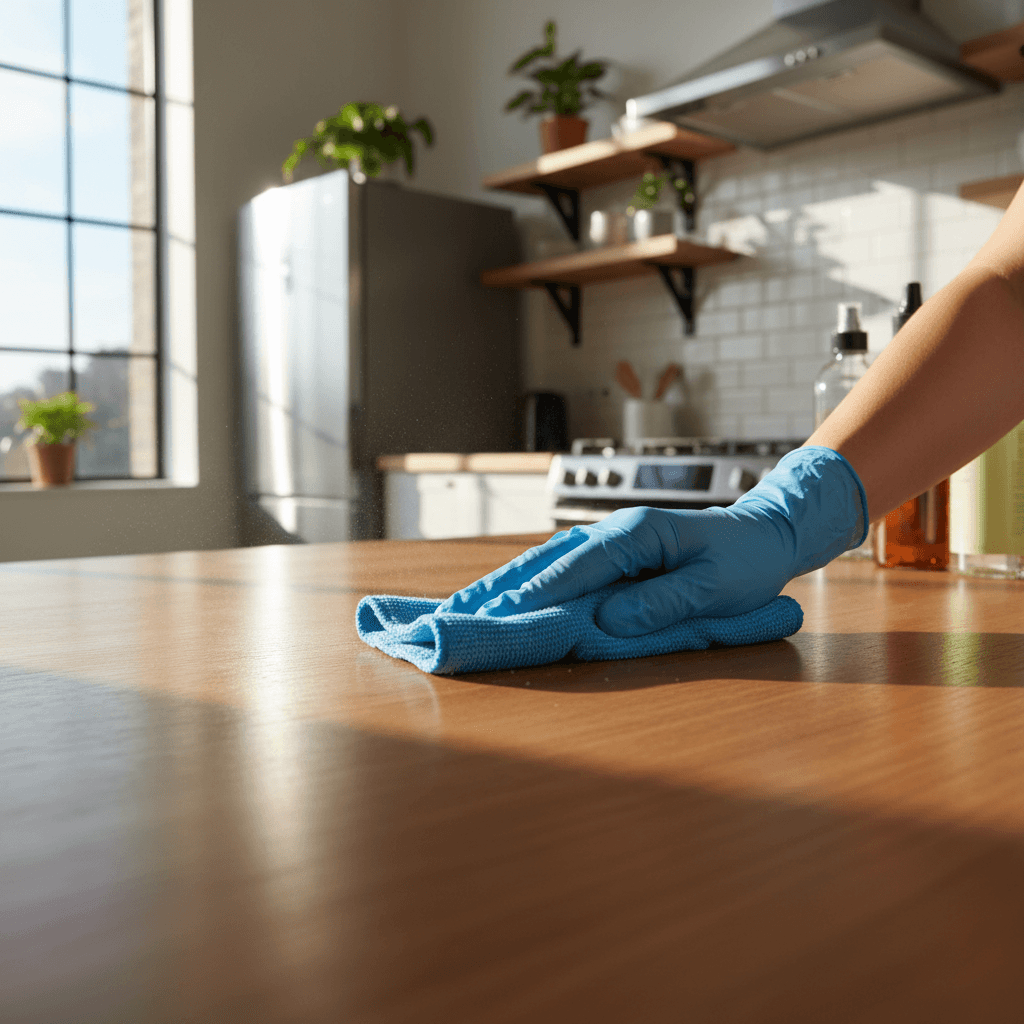Professional cleaner carefully wiping down residential kitchen countertop