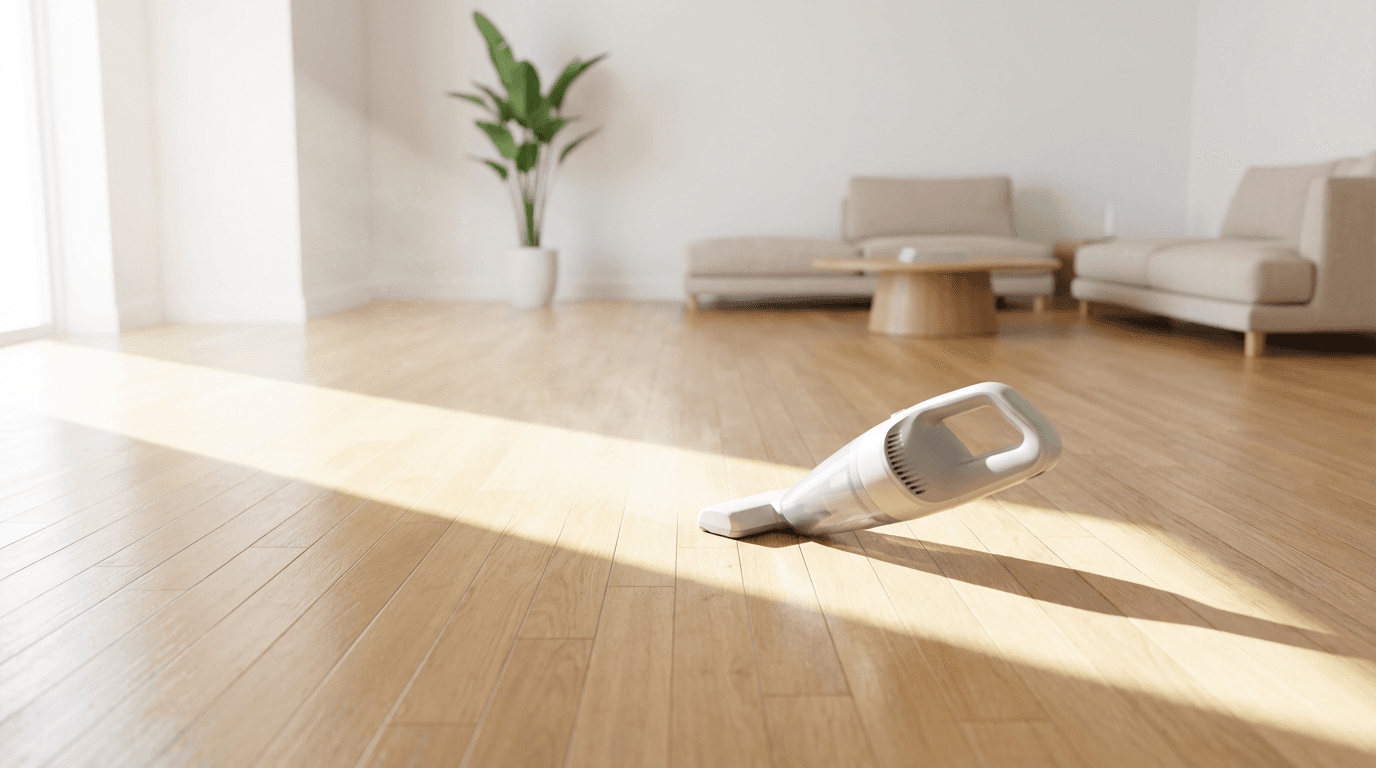 Professional cleaner vacuuming living room carpet during deep clean