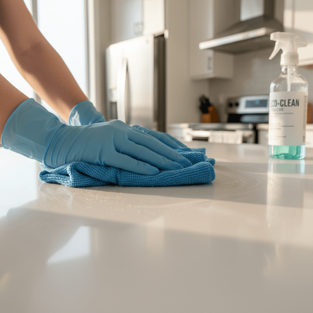 Professional cleaner polishing kitchen countertop