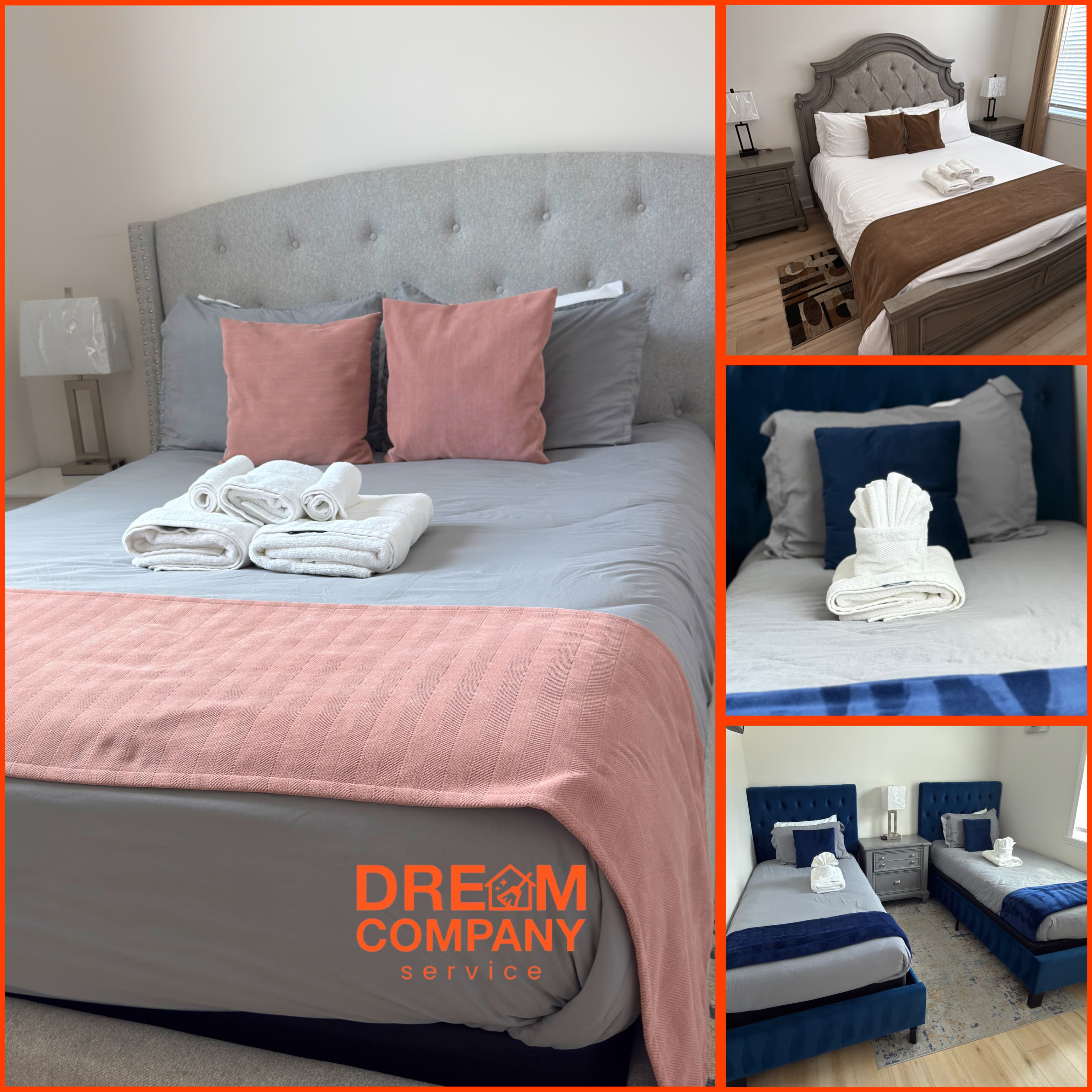 Collage of professionally made beds with color-coordinated linens, decorative pillows, and artfully folded towels.