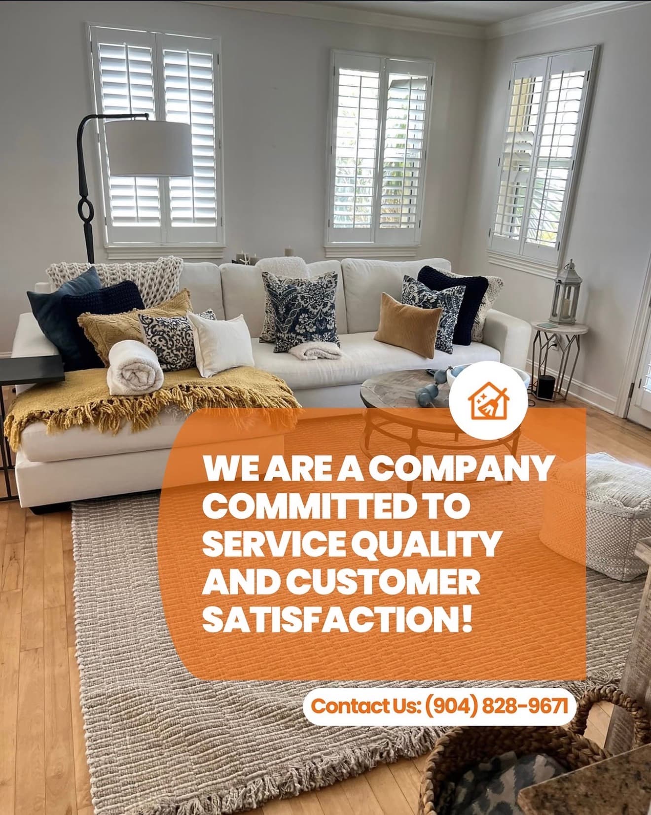 Modern living room with white sofa and text promoting service quality and customer satisfaction.